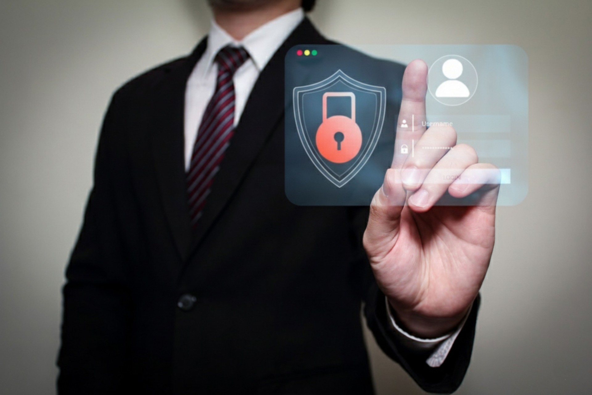 Cyber Security and Login Protection Concept: Businessman Touching Secure Access Interface